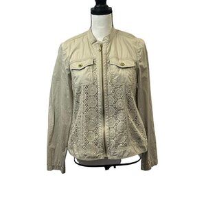 Women's Chico's Size 0, 4, Small Tan Jacket. Lightweight, Crochet.